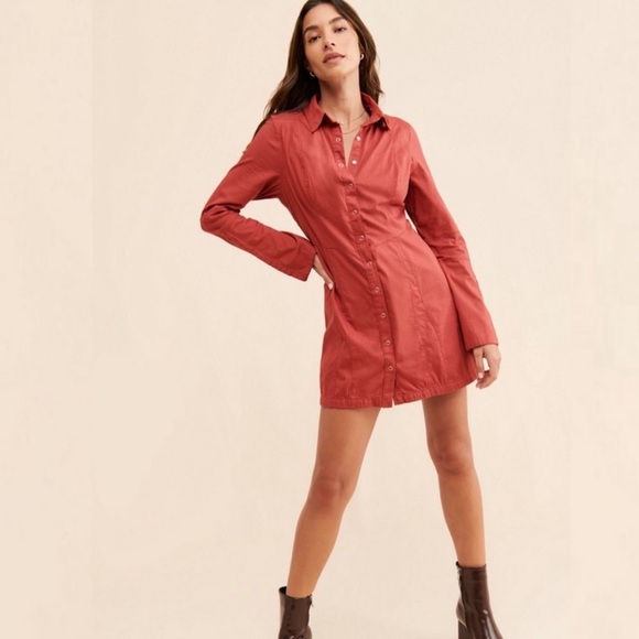 Free People Thea Button down Mini Shirt Dress Tunic Rust Color